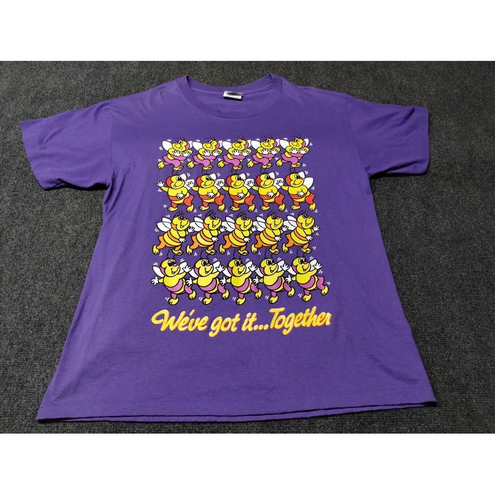 Vintage Hanes T Shirt Large Purple Single Stitch 90s Bumble Bee Cartoon 50/50